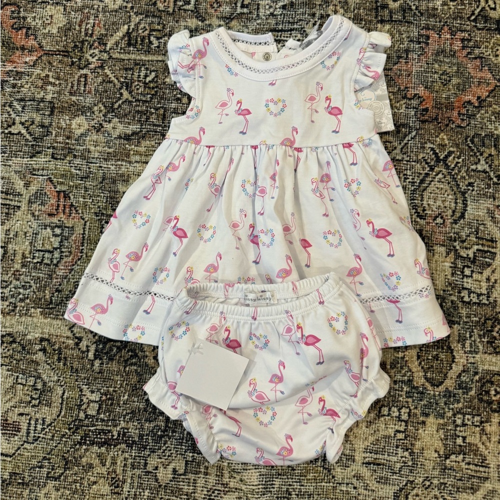 Kissy kissy Flamingo Print Baby Dress Set NWT